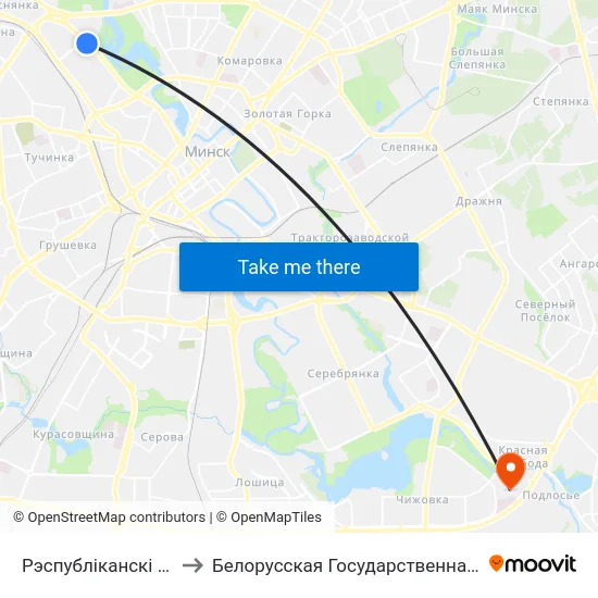 Рэспубліканскі Цэнтр Тэніса to Белорусская Государственная Академия Авиации map