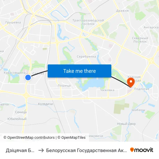 Дзіцячая Бальніца to Белорусская Государственная Академия Авиации map