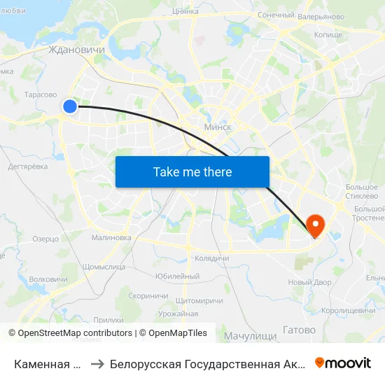 Каменная Горка-5 to Белорусская Государственная Академия Авиации map