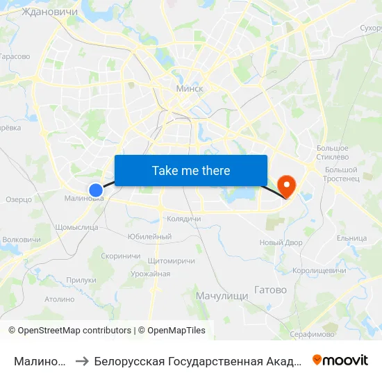 Малиновка-9 to Белорусская Государственная Академия Авиации map