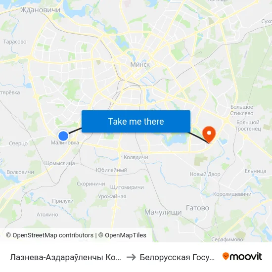 Лазнева-Аздараўленчы Комплекс (Банно-Оздоровительный Комплекс) to Белорусская Государственная Академия Авиации map