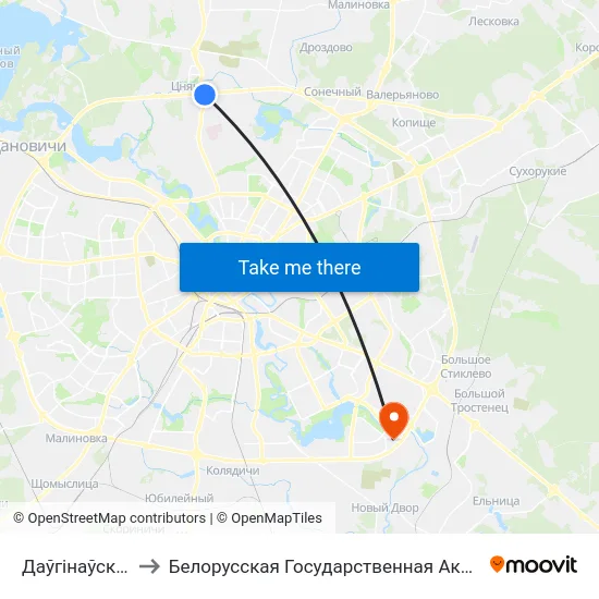 Даўгінаўскі Тракт to Белорусская Государственная Академия Авиации map