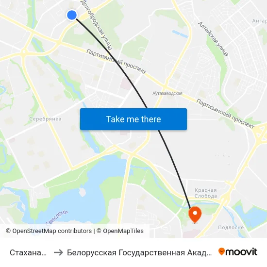 Стаханаўская to Белорусская Государственная Академия Авиации map