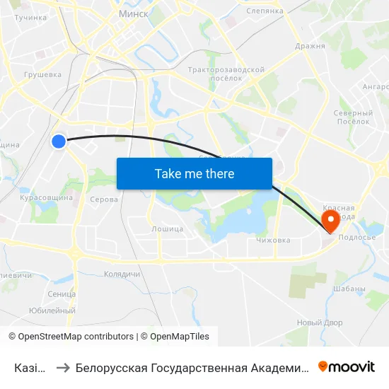 Казінца to Белорусская Государственная Академия Авиации map