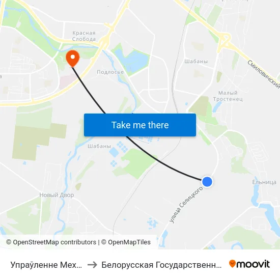 Упраўленне Механізацыі №79 to Белорусская Государственная Академия Авиации map