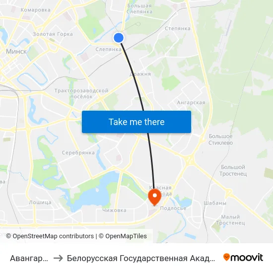Авангардная to Белорусская Государственная Академия Авиации map