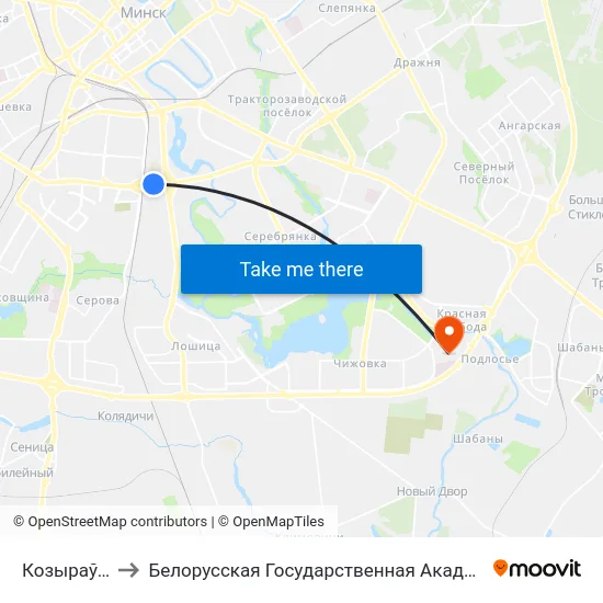 Козыраўская to Белорусская Государственная Академия Авиации map