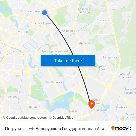 Петруся Броўкі to Белорусская Государственная Академия Авиации map