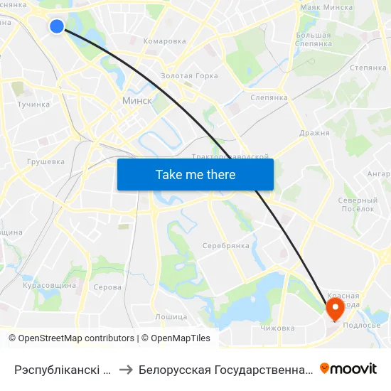 Рэспубліканскі Цэнтр Тэніса to Белорусская Государственная Академия Авиации map
