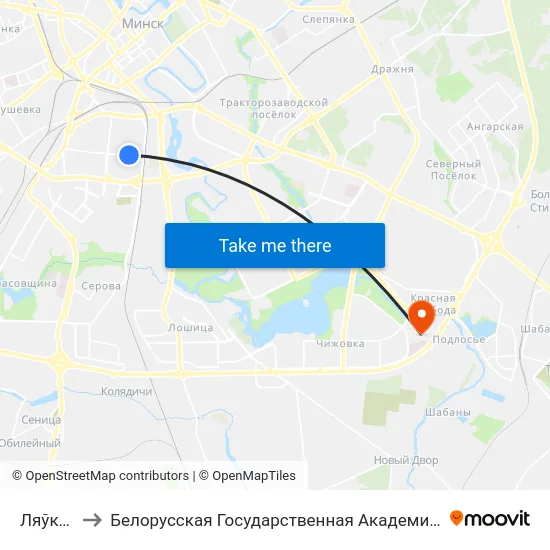 Ляўкова to Белорусская Государственная Академия Авиации map