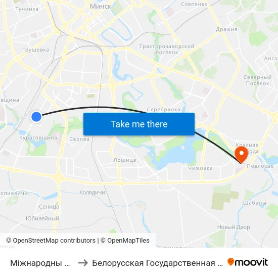 Міжнародны Універсітэт to Белорусская Государственная Академия Авиации map