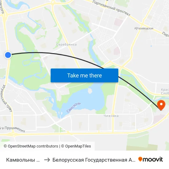 Камвольны Камбінат to Белорусская Государственная Академия Авиации map