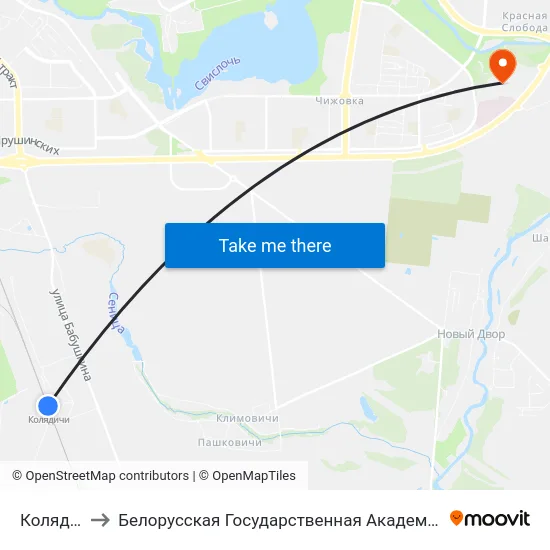 Колядичи to Белорусская Государственная Академия Авиации map