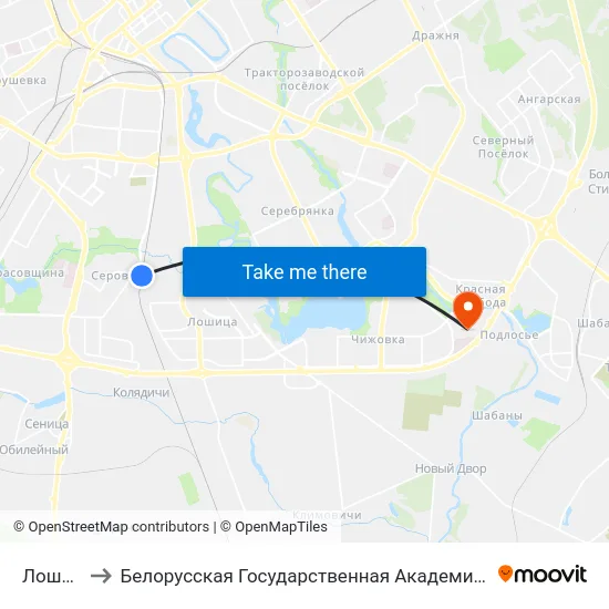 Лошица to Белорусская Государственная Академия Авиации map