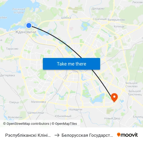 Рэспубліканскі Клінічны Медыцынскі Цэнтр to Белорусская Государственная Академия Авиации map
