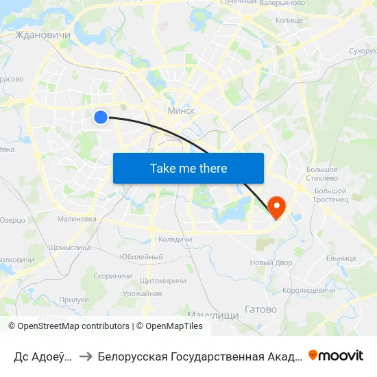 Дс Адоеўскага to Белорусская Государственная Академия Авиации map