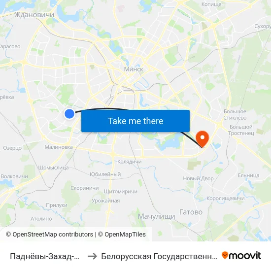 Паднёвы-Захад-1 (Юго-Запад-1) to Белорусская Государственная Академия Авиации map
