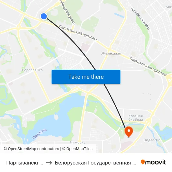 Партызанскі Праспект to Белорусская Государственная Академия Авиации map