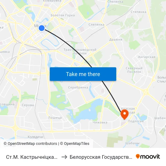 Ст.М. Кастрычніцкая (Ст.М. Октябрьская) to Белорусская Государственная Академия Авиации map