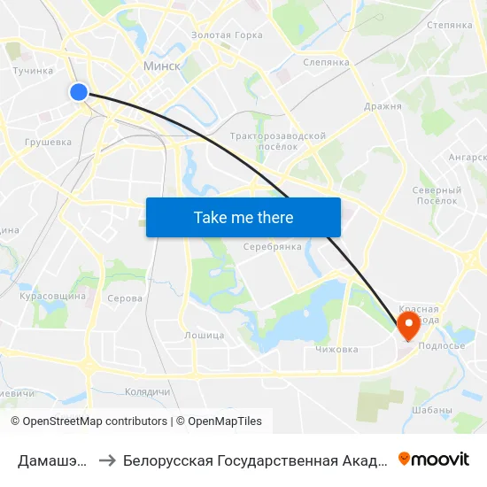 Дамашэўская to Белорусская Государственная Академия Авиации map