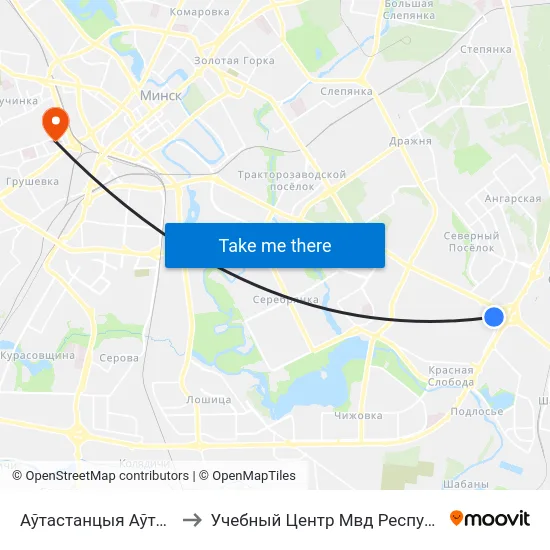 Аўтастанцыя Аўтазаводская to Учебный Центр Мвд Республики Беларусь map