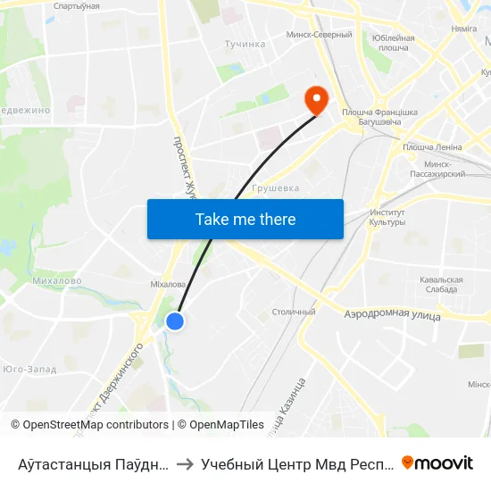 Аўтастанцыя Паўднёва-Заходняя to Учебный Центр Мвд Республики Беларусь map