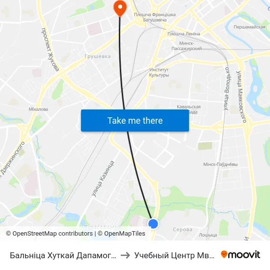 Бальніца Хуткай Дапамогі (Больница Скорой Помощи) to Учебный Центр Мвд Республики Беларусь map