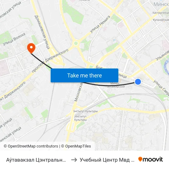 Аўтавакзал Цэнтральны (Высадка Пасажыраў) to Учебный Центр Мвд Республики Беларусь map