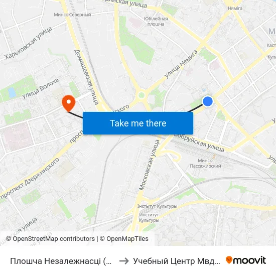 Плошча Незалежнасці (Площадь Независимости) to Учебный Центр Мвд Республики Беларусь map