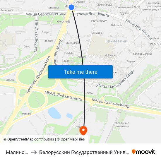 Малиновка to Белорусский Государственный Университет map