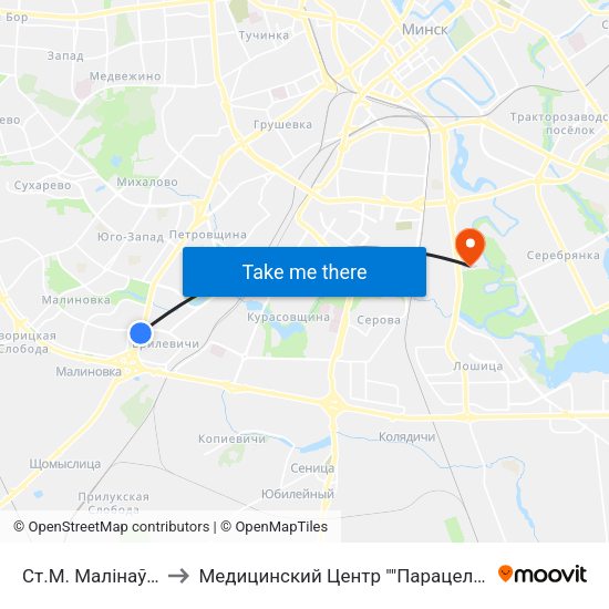 Ст.М. Малінаўка to Медицинский Центр ""Парацельс"" map