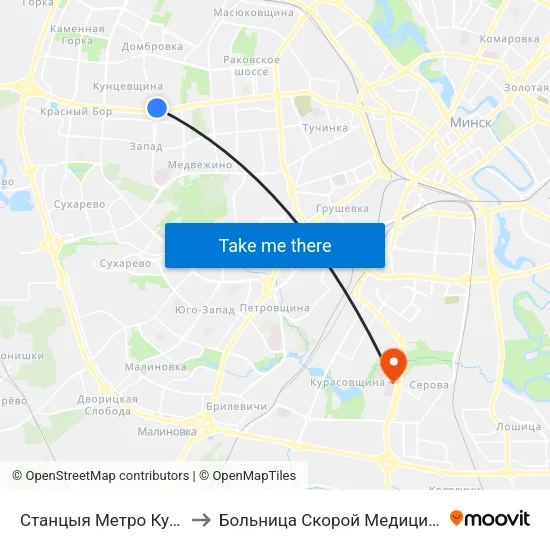 Станцыя Метро Кунцаўшчына to Больница Скорой Медицинской Помощи map