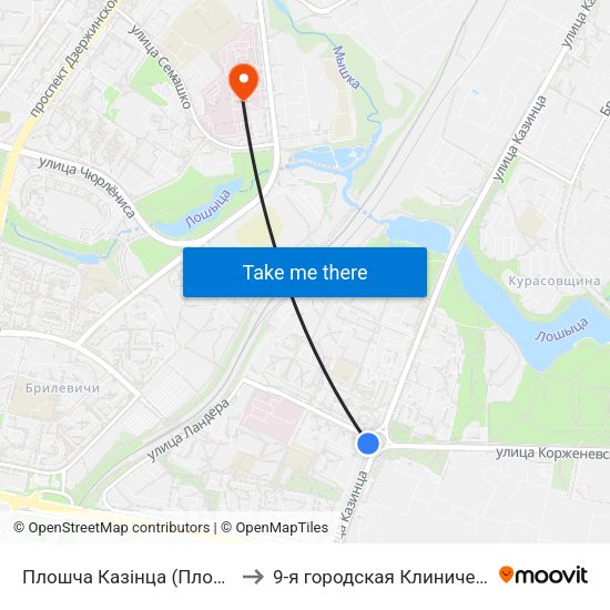 Плошча Казінца (Площадь Казинца) to 9-я городская Клиническая больница map