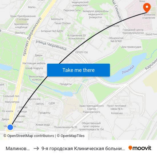 Малиновка to 9-я городская Клиническая больница map