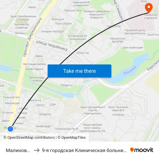 Малиновка to 9-я городская Клиническая больница map