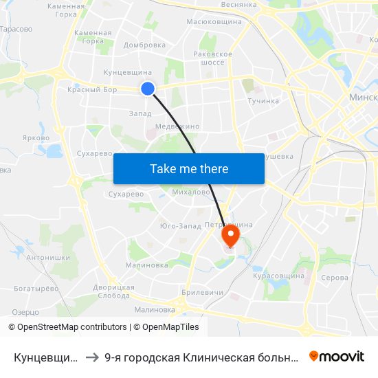 Кунцевщина to 9-я городская Клиническая больница map