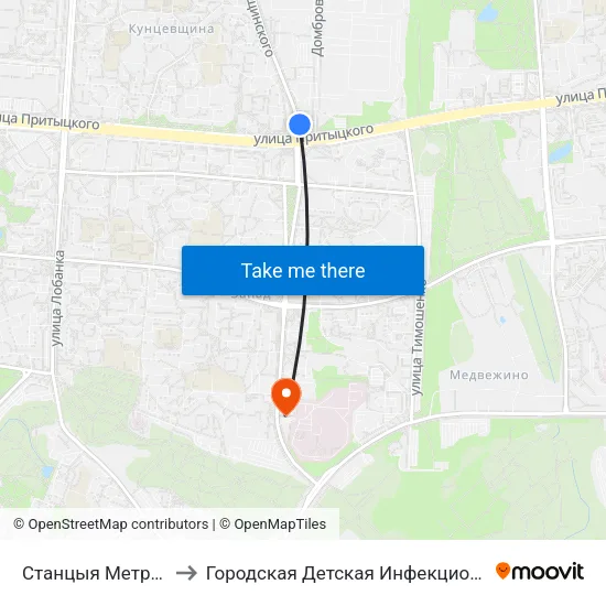 Станцыя Метро Кунцаўшчына to Городская Детская Инфекционная Клиническая больница map