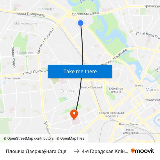 Плошча Дзяржаўнага Сцяга (Площадь Государственного Флага) to 4-я Гарадская Клінічная Бальніца Імя Саўчанкі map