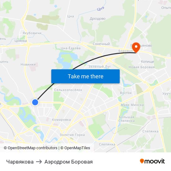 Чарвякова to Аэродром Боровая map