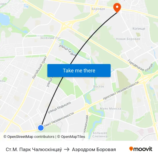 Ст.М. Парк Чалюскінцаў to Аэродром Боровая map