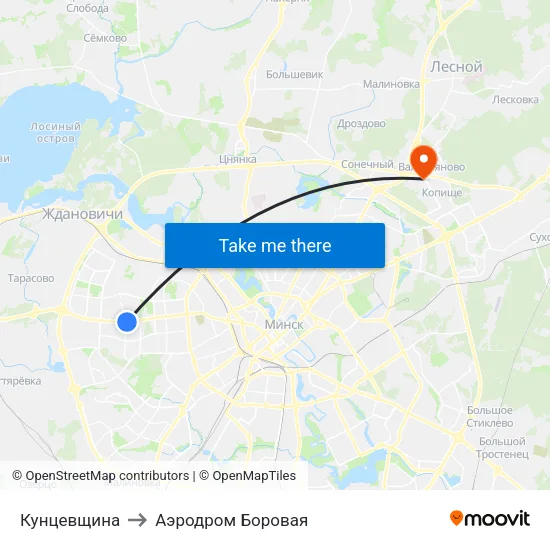 Кунцевщина to Аэродром Боровая map