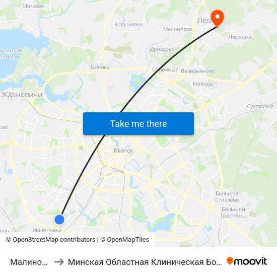 Малиновка to Минская Областная Клиническая Больница map