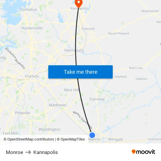 Monroe to Kannapolis map