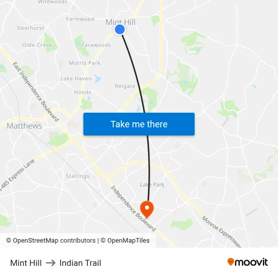 Mint Hill to Indian Trail map