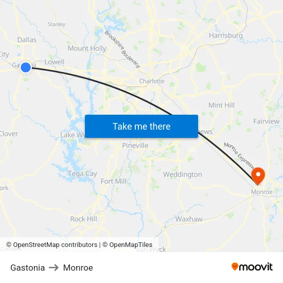 Gastonia to Monroe map