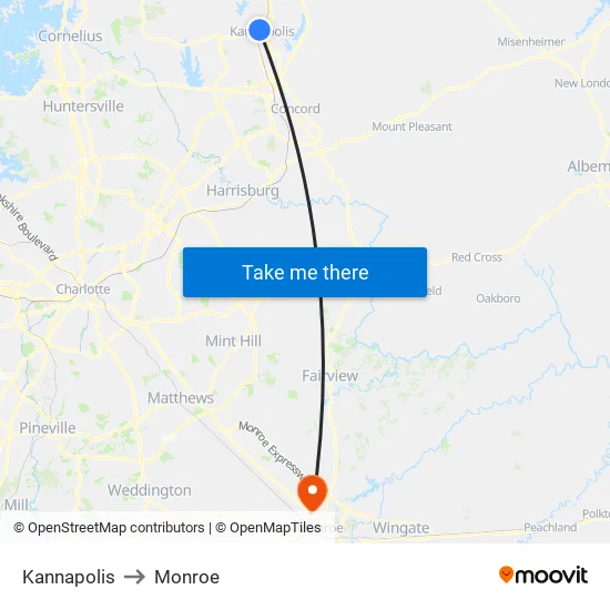 Kannapolis to Monroe map