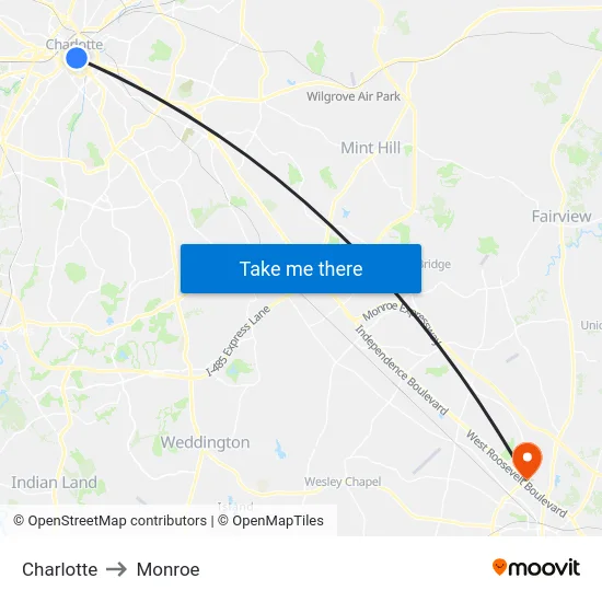 Charlotte to Monroe map