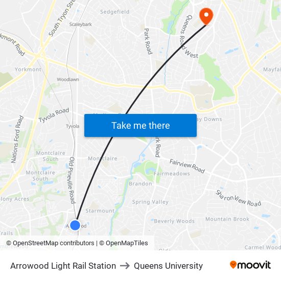 Arrowood Light Rail Station to Queens University map