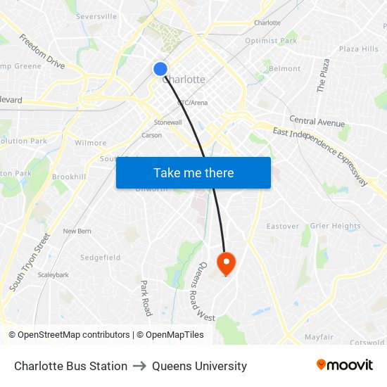 Charlotte Bus Station to Queens University map