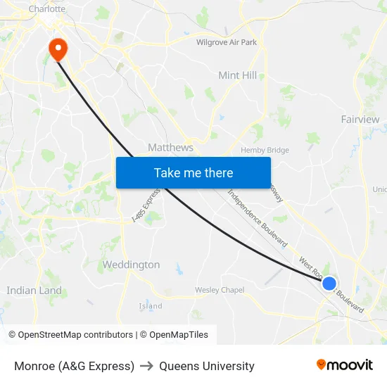 Monroe (A&G Express) to Queens University map